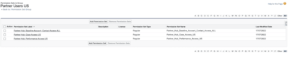 Permission set group for US Region including Baseline Access, Case Access, and Performance Access permission sets