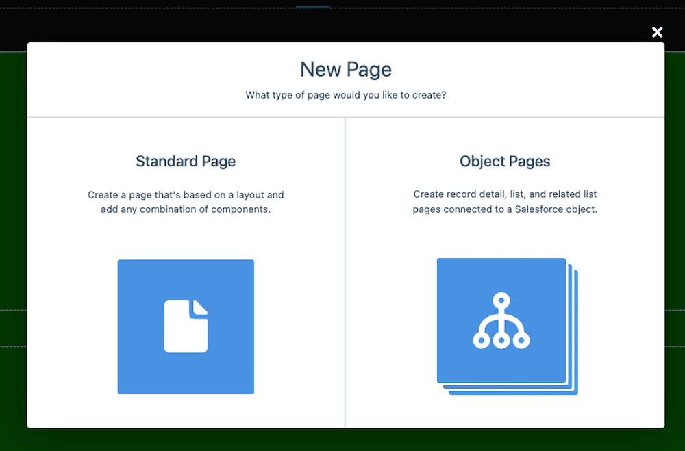 Experience Builder showing the page selection menu when creating a new page, with options for Standard Page and Object Pages]