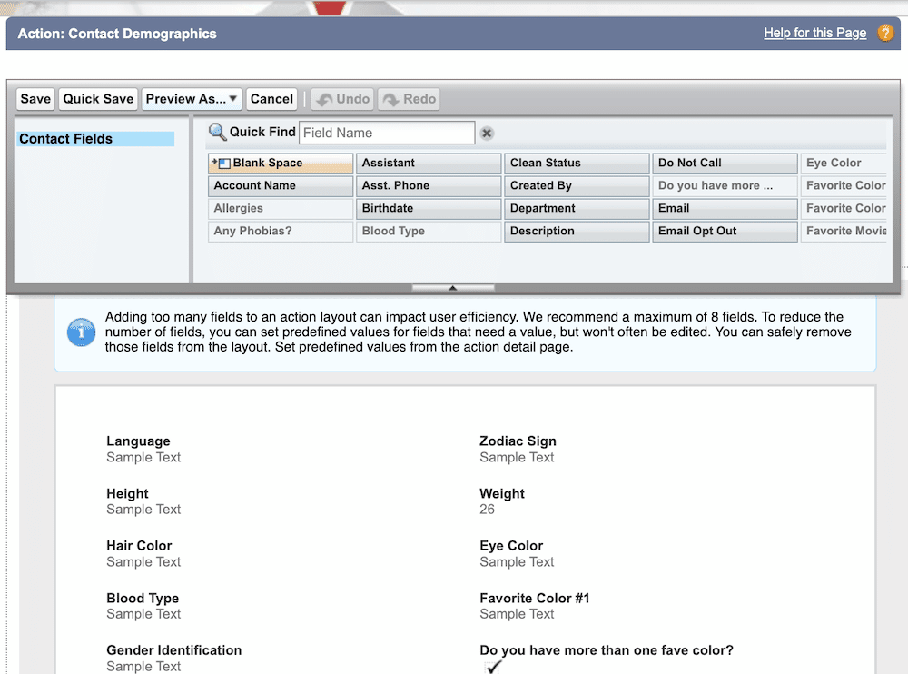 The Edit Layout screen of the Contact Demographics action