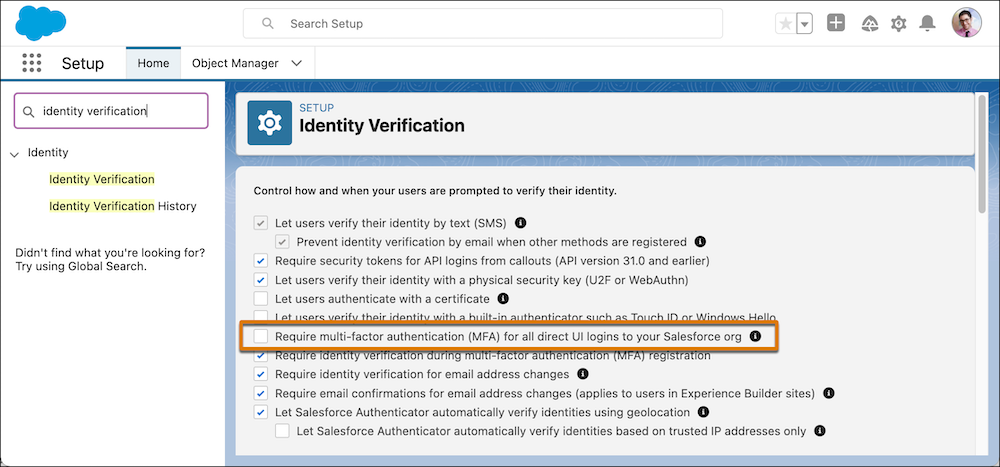 The MFA org setting on the Identity Verification page in Setup.