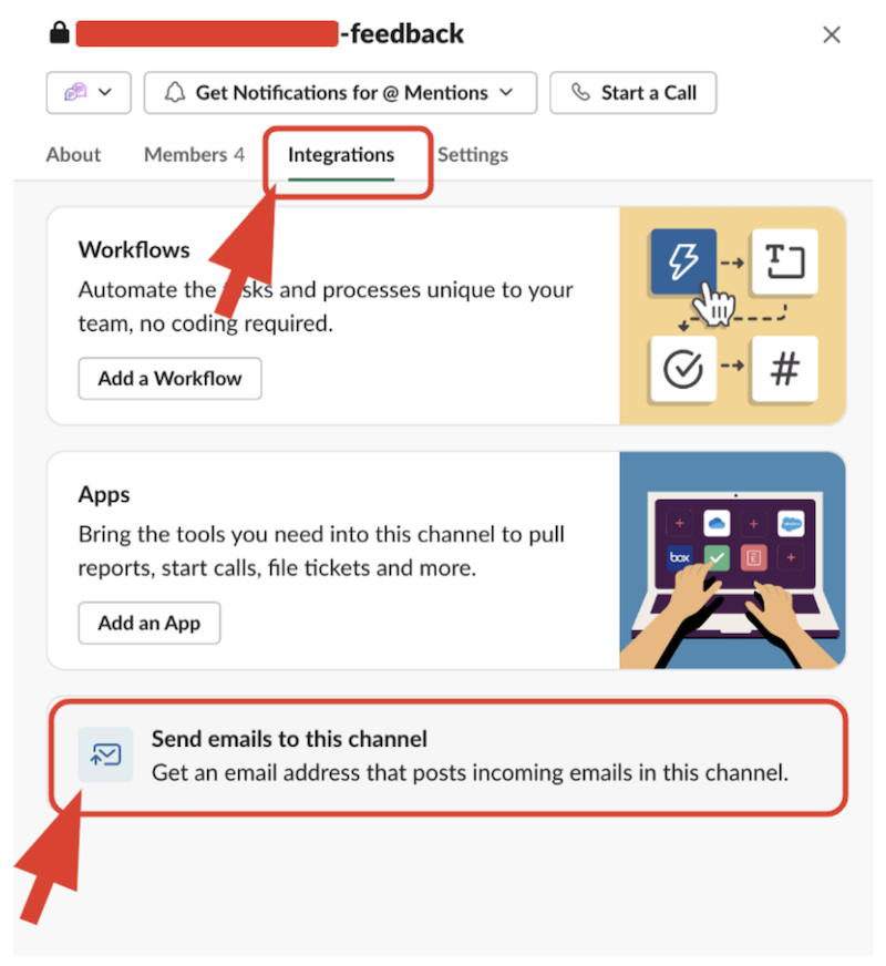 The click path to send email to a Slack channel