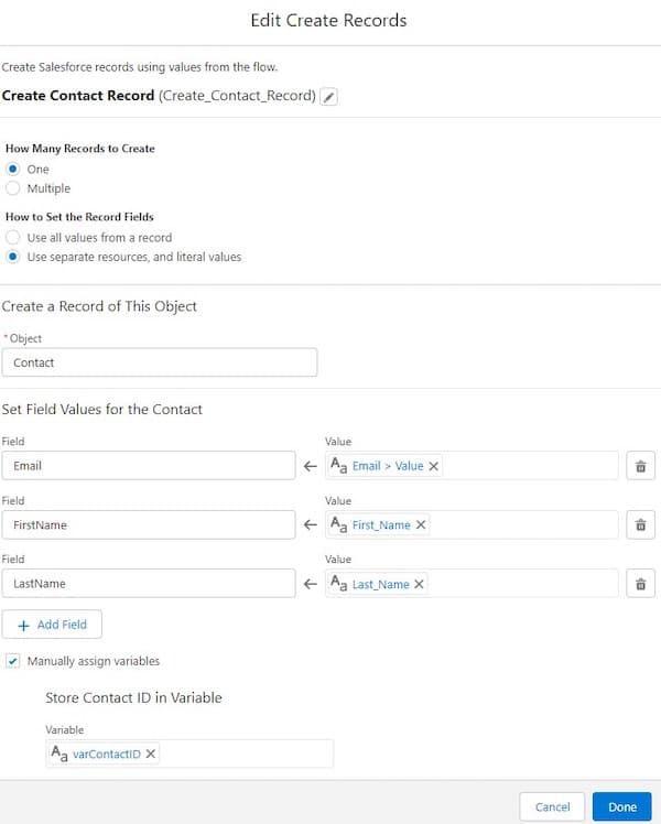 Details of the Create Contact Record element