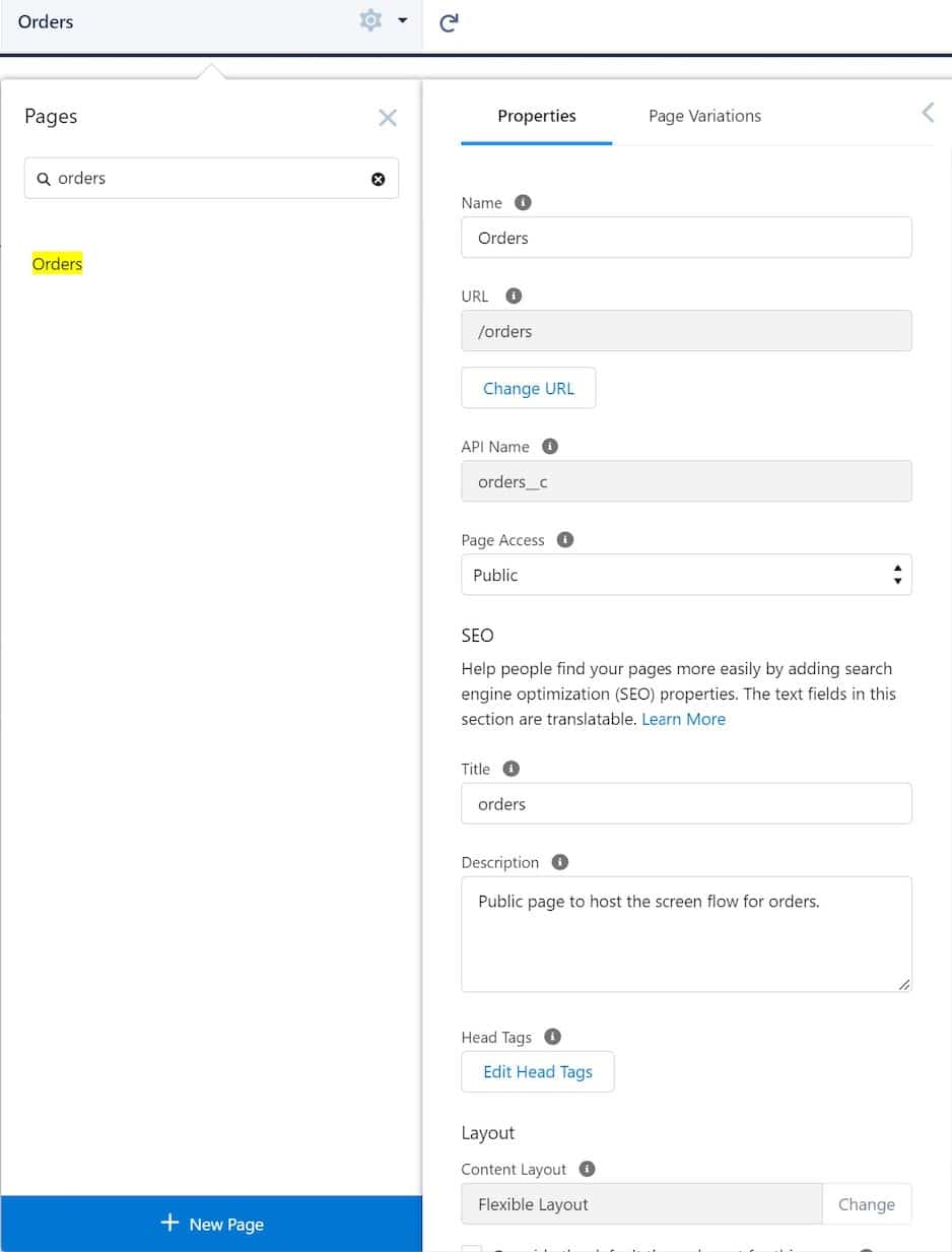 Page properties to host the screen flow