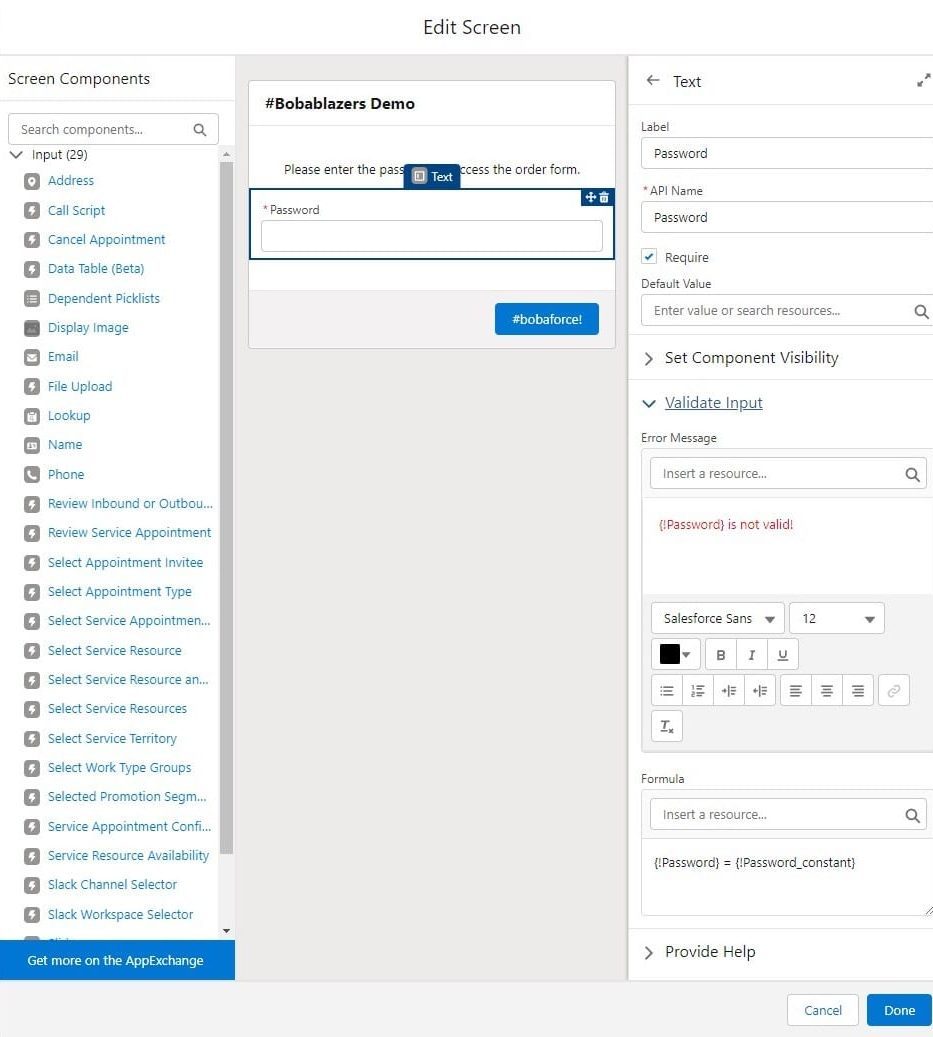 Details of the password screen element