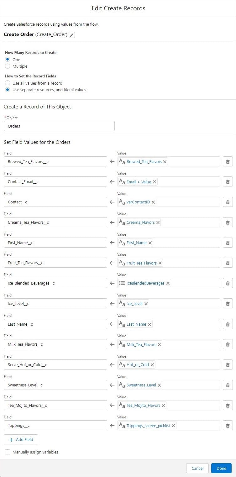 Details of the Create Order Record element