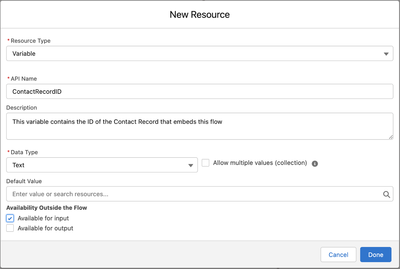 Creating the ContactRecordID variable and checking the box for “Available for input” so it can be embedded properly