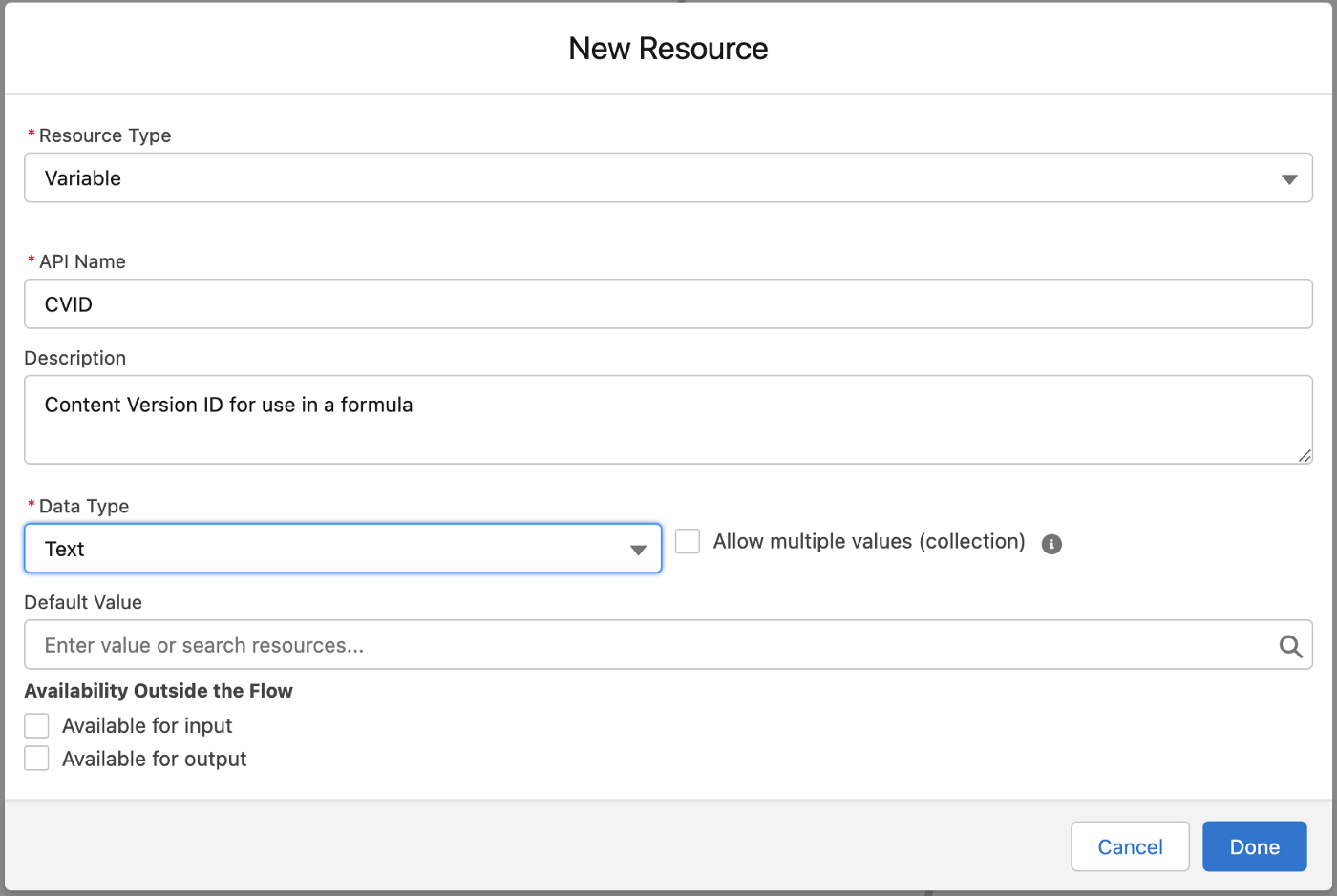 Creating a single variable to hold the ID of the Content Version of the file uploaded by the user