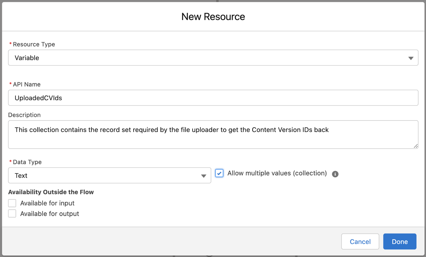 Creating a collection variable to contain the Content Version IDs returned from the file uploader