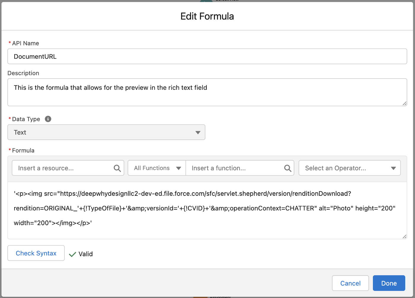 The formula that actually performs the photo embed