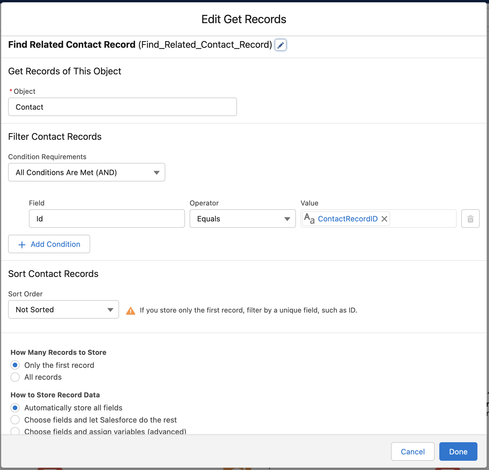 Using the ContactRecordID variable to find and store the full Contact record