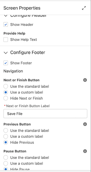 Screen properties for our File Upload screen with Header and Footer configured