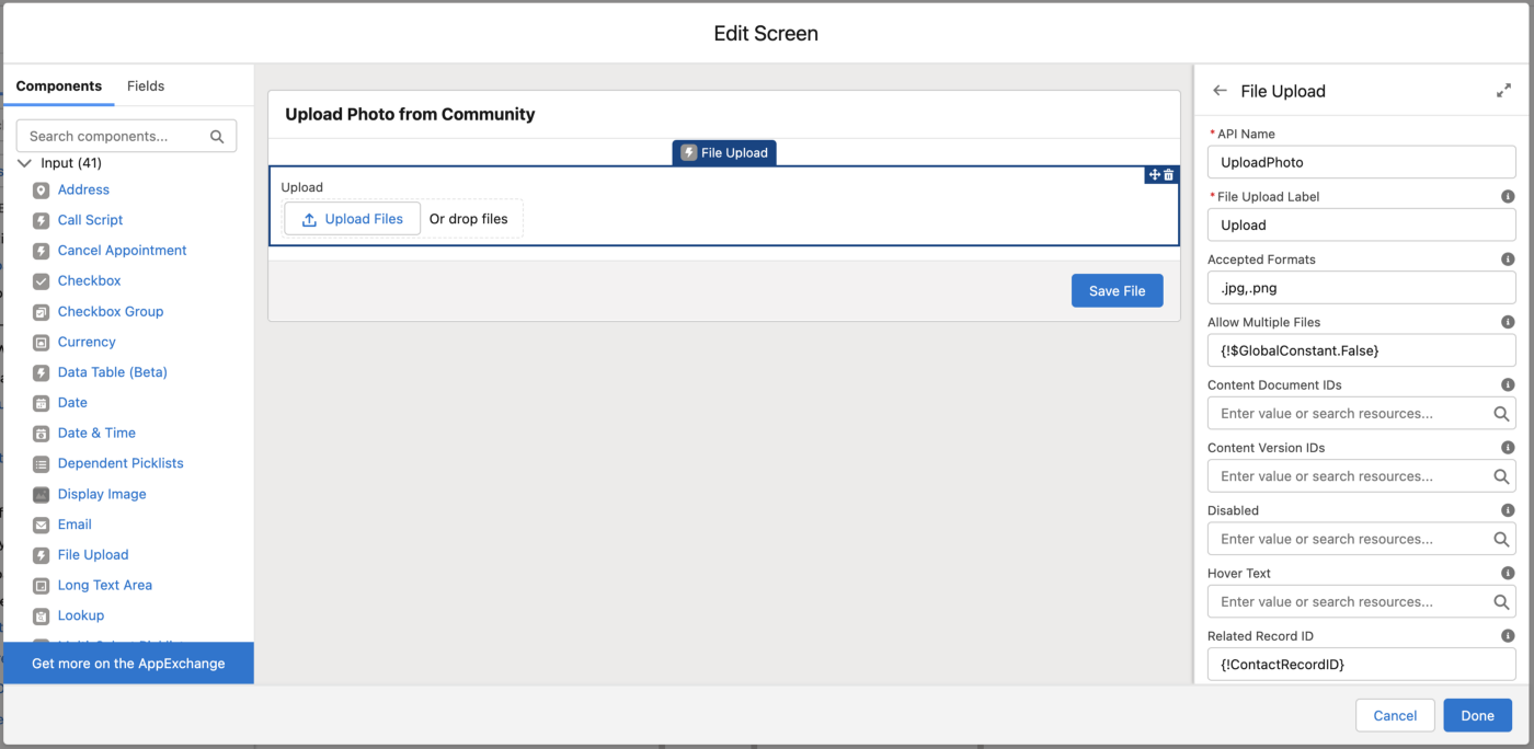 File Upload component with the settings shown in the right-hand part of the screen