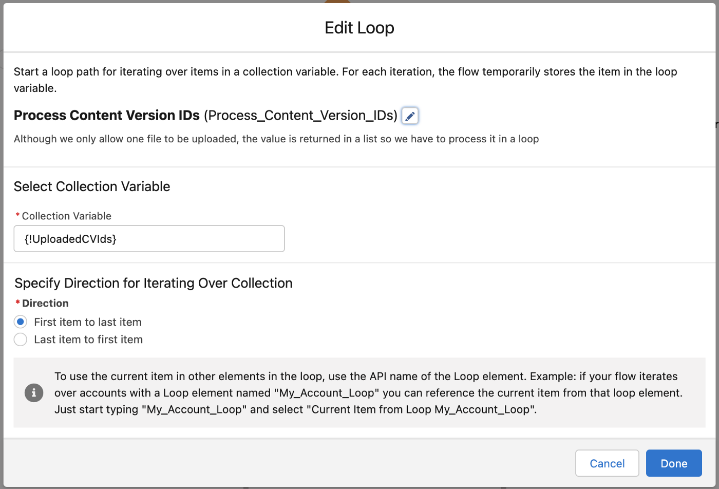  Setting up a loop to process the UploadedCVIds from the file uploader