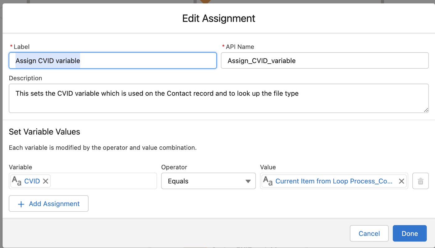 Assigning the current item from the loop’s value to the CVID variable