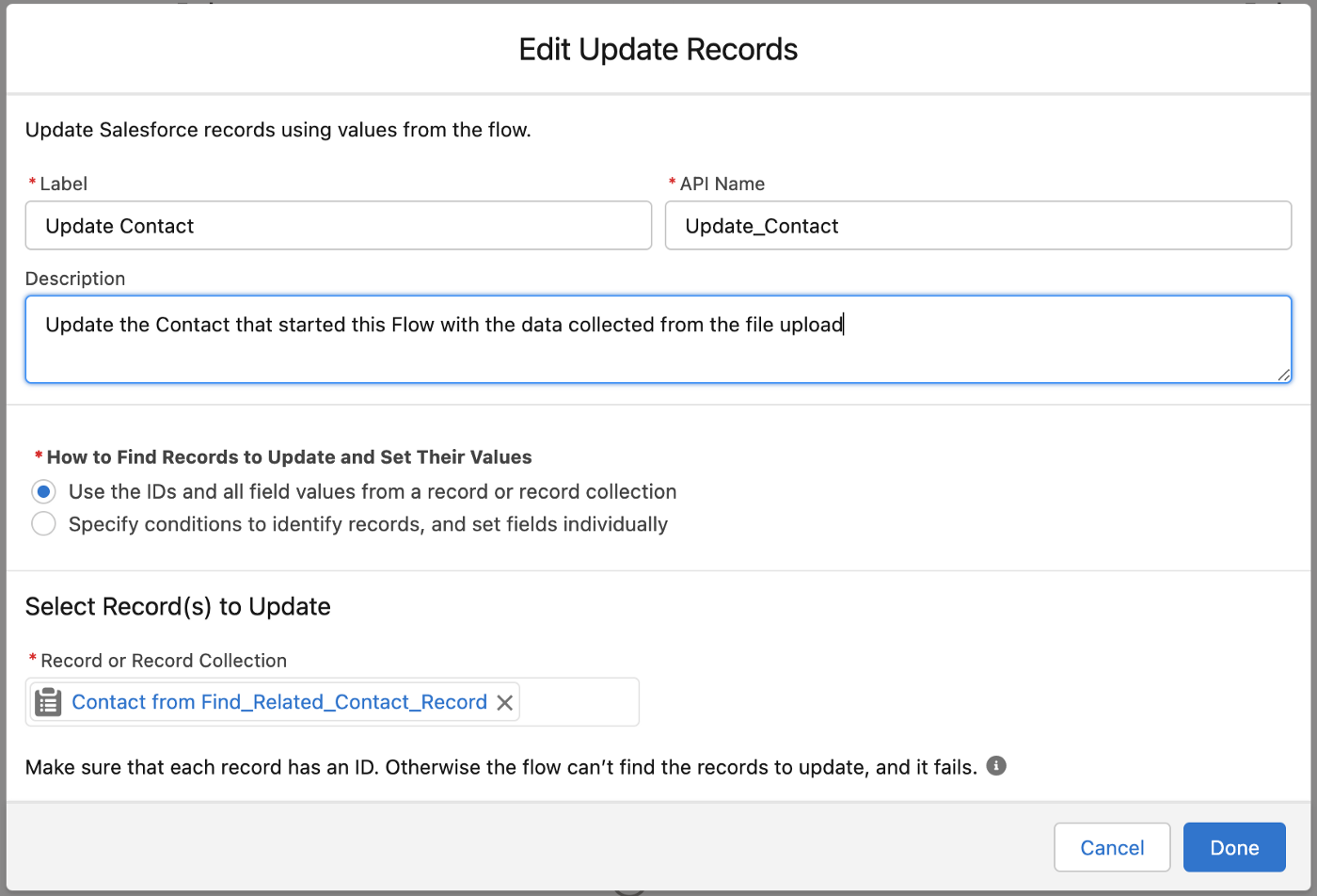  Update Contact uses the record we’ve been working with this whole time and is the last step in the flow setup.