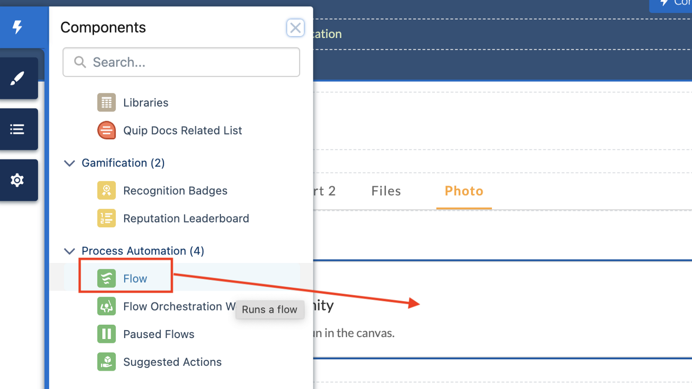 Dragging the Flow component into the page canvas