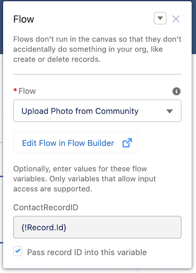 Configuring the Flow component to pass the record ID into the input variable