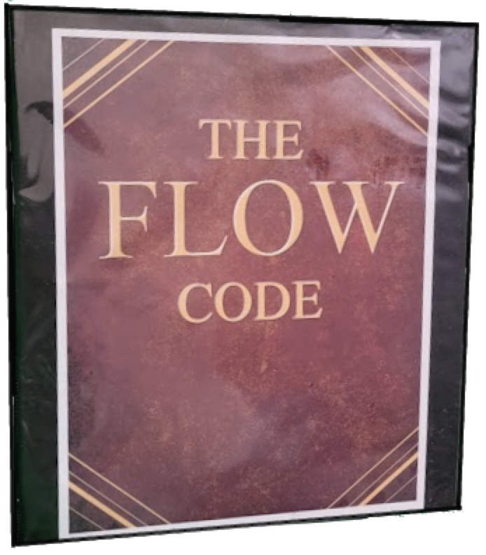 A three-ring binder with a paper inserted in the cover, designed to resemble a leather tome with ‘The Flow Code’ written on it in large gold letters