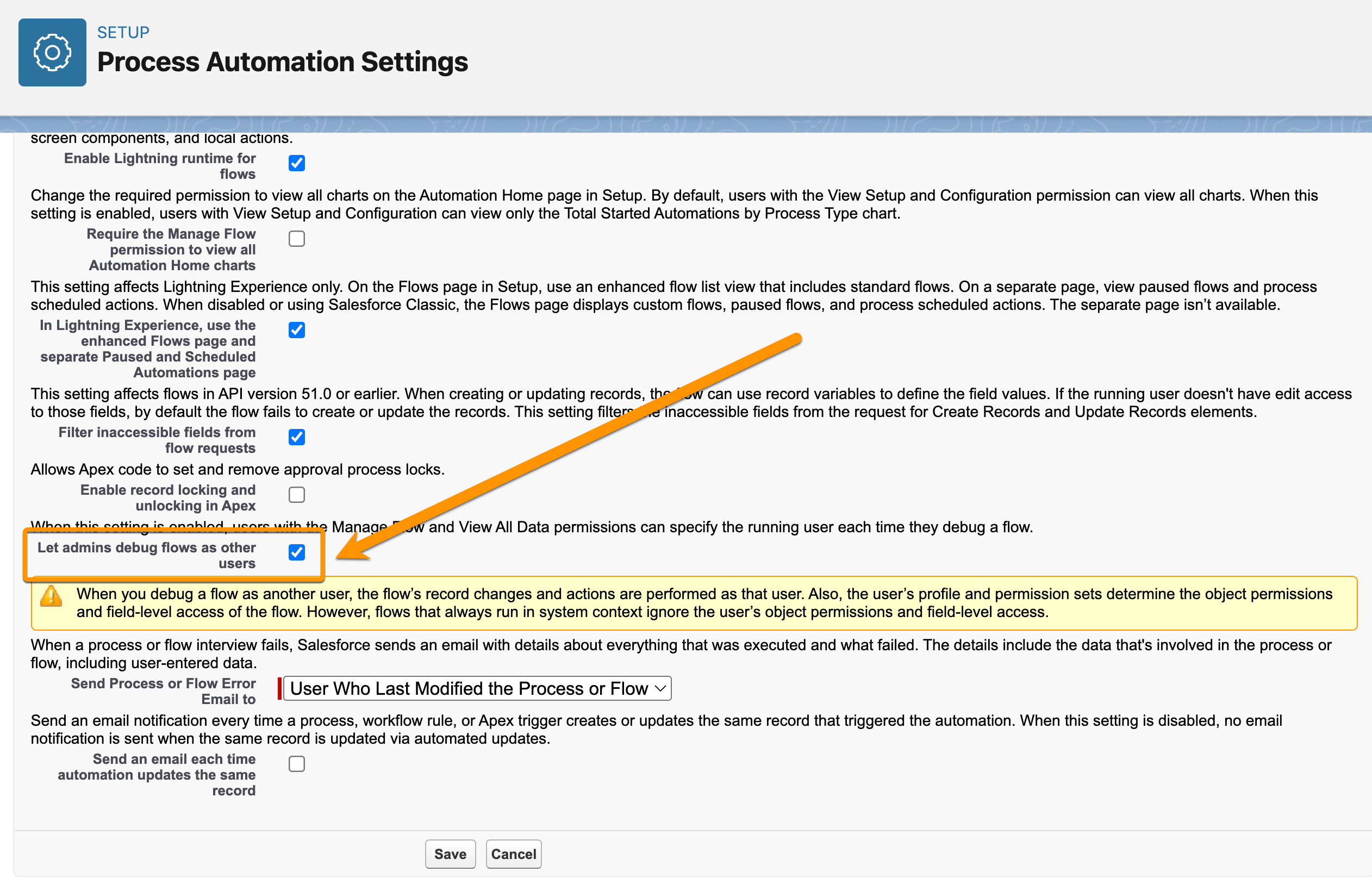 The Process Automation Settings page, highlighting the ‘Let admins debug flows as other users’ setting