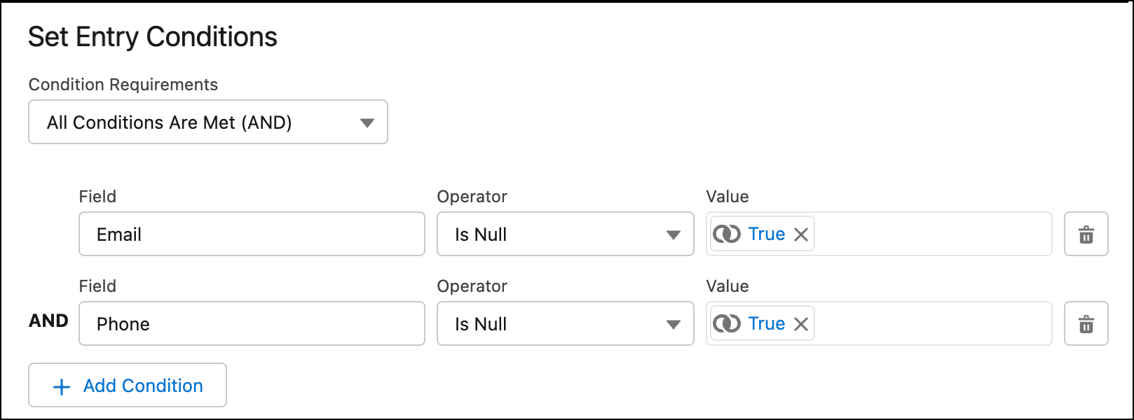 The ‘Set Entry Conditions’ section of the Start element’s configuration window, set to fire the flow only if ‘Email’ ‘Is Null’ ‘True’ and ‘Phone’ ‘Is Null’ ‘True’