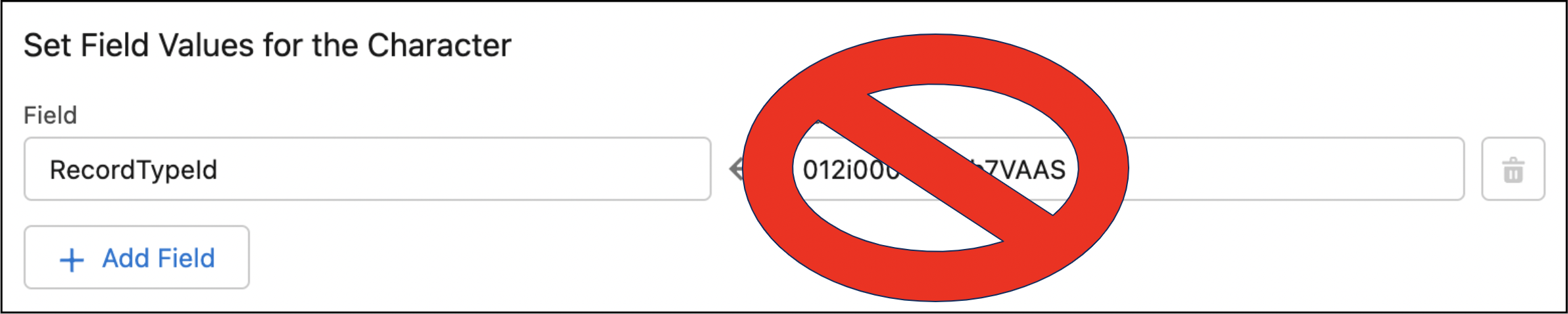 The ‘Set Field Values for the Character’ section of the Update Records element, with Field set to ‘RecordTypeId’, the Value set to an 18-character Salesforce record ID, and a red circle with a line through it over the record ID