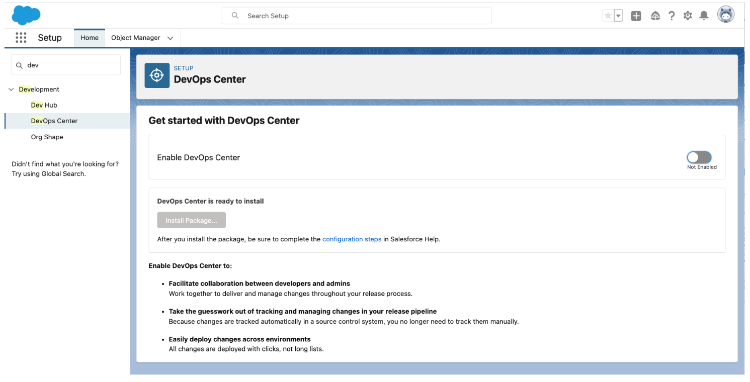 Screenshot of DevOps Center in Setup