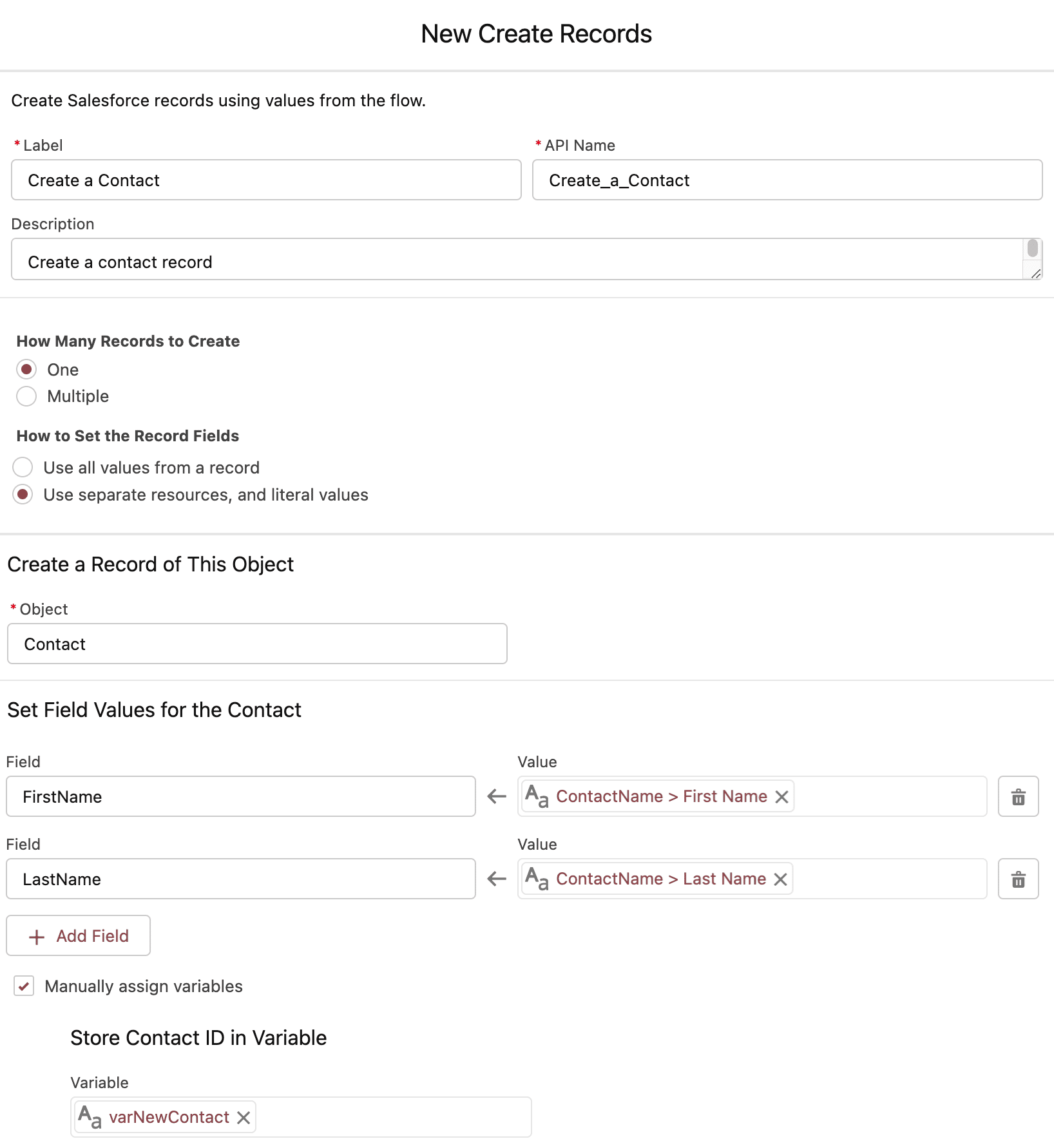 Configured Create Records element to create the new contact and store the newly created contact ID