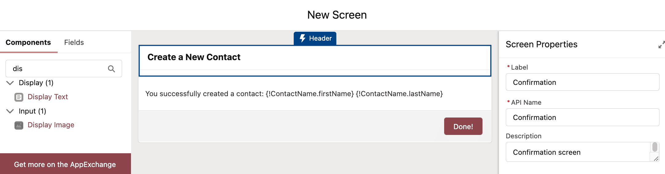 Configured flow Screen with the confirmation message