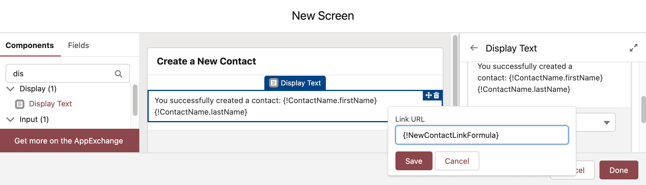 Configured flow Screen with the link URL