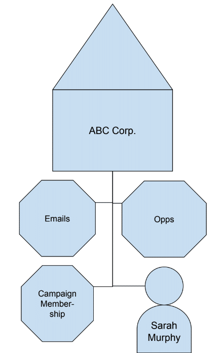 A diagram of the record relationships between Account, Emails, Opportunities, Contacts, and Campaign Membership