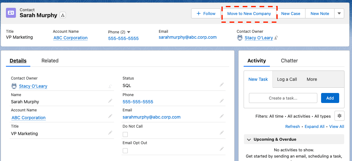 Sarah Murphy’s contact record, featuring a custom button called “Move to New Company”