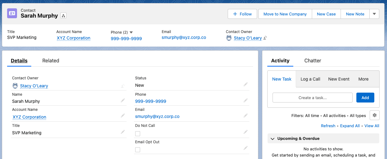 The new contact record for Sarah Murphy displaying new, updated field values