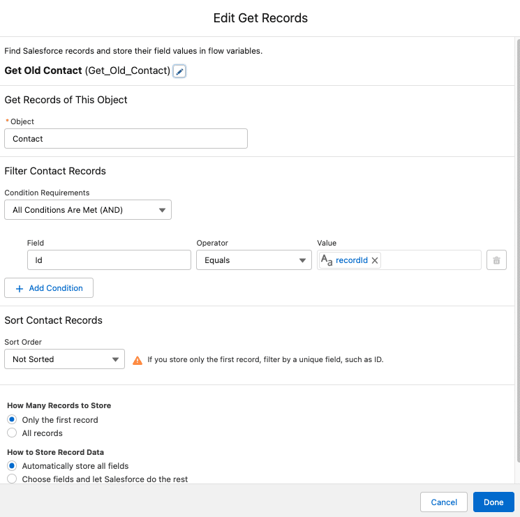 A Get Records element in the flow, for the old Contact record