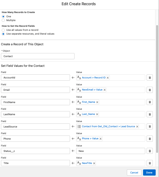 A Create Records element displaying all the fields that need to be populated on the new Contact record