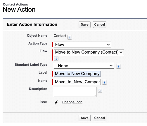 The custom action on the Contact object that launches the flow] 10. Add the button to the page layout or to your dynamic actions (depending on how your org is set up). 11. *OPTIONAL:* Add a rich text component to the Lightning page that clearly explains when the old Contact should no longer be used. A single rich text component with a component visibility filter is all you need to set this up to only show when the status of the contact is ‘No Longer At Company.’ [Image: Image.jpg][ALT TAG: The custom action on the Contact object that launches the flow