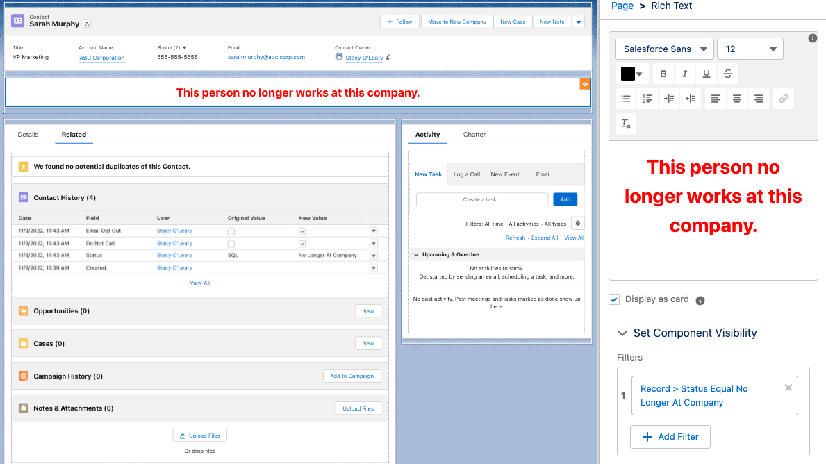 The Lightning Page Builder showing how the rich text component is added