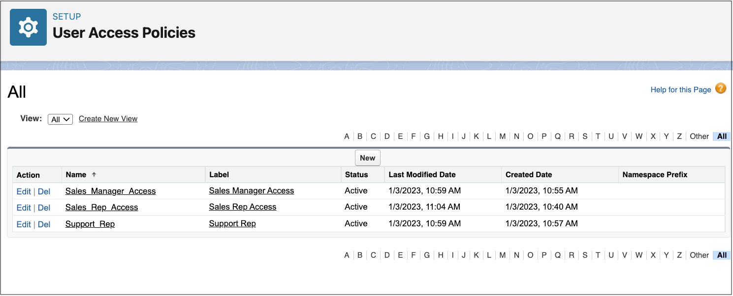 User Access Policies list view that shows three active user access policies