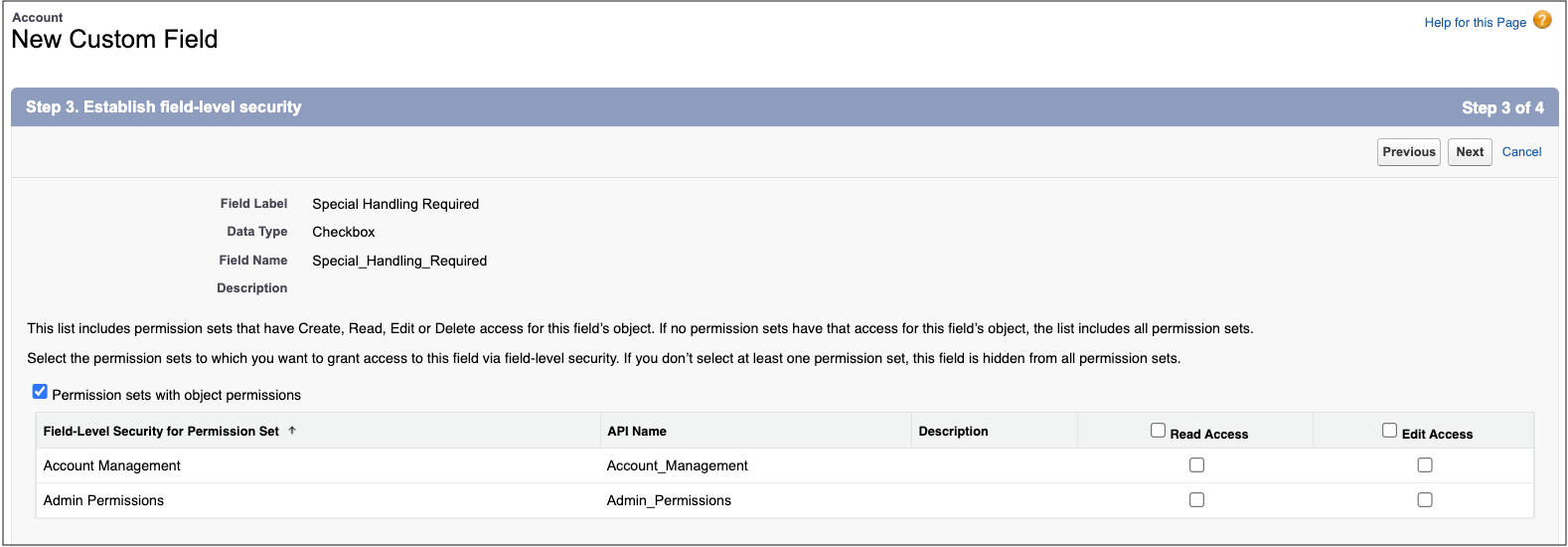  Field creation wizard with the permission sets, with object permissions toggled off