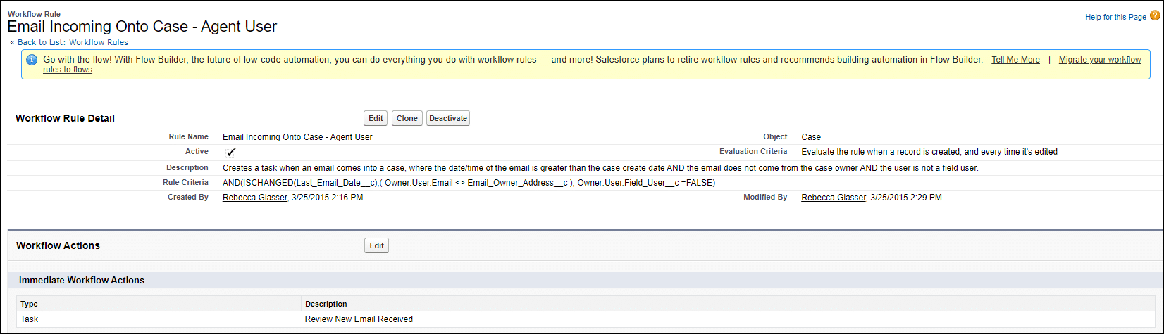 Workflow Rule Detail page, showing for users who are in the system regularly; a task is then created when an email is sent into the case.