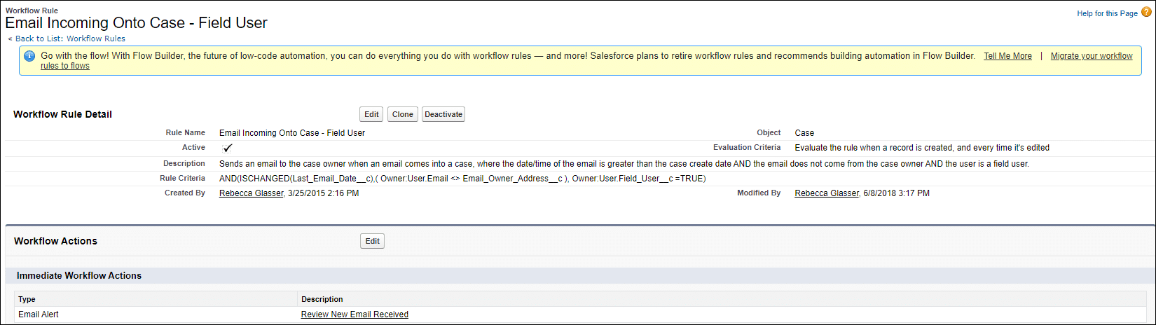 Workflow Rule Detail page, showing for users who are not in the system regularly; when an email is sent into the case, the case owner receives an email notifying them.