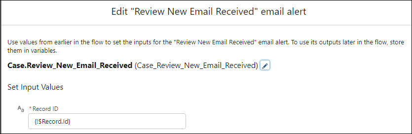 The screen for editing an email alert in a flow.