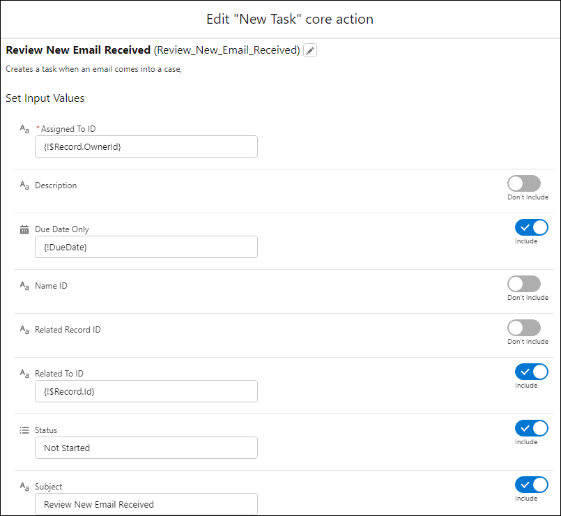 The input values for the new task.