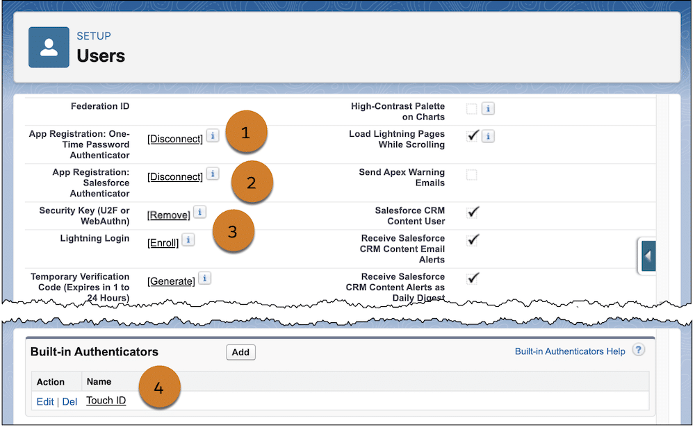 Screenshot of a user record, highlighting the fields for disconnecting MFA verification methods