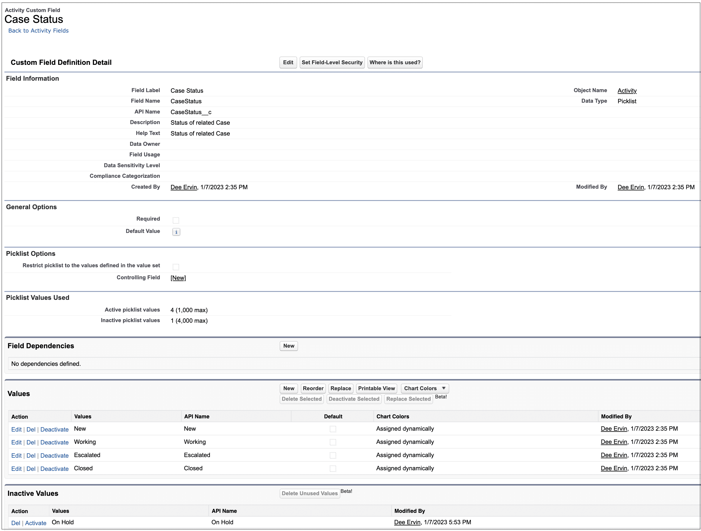 Case Status picklist field configuration on Activity object