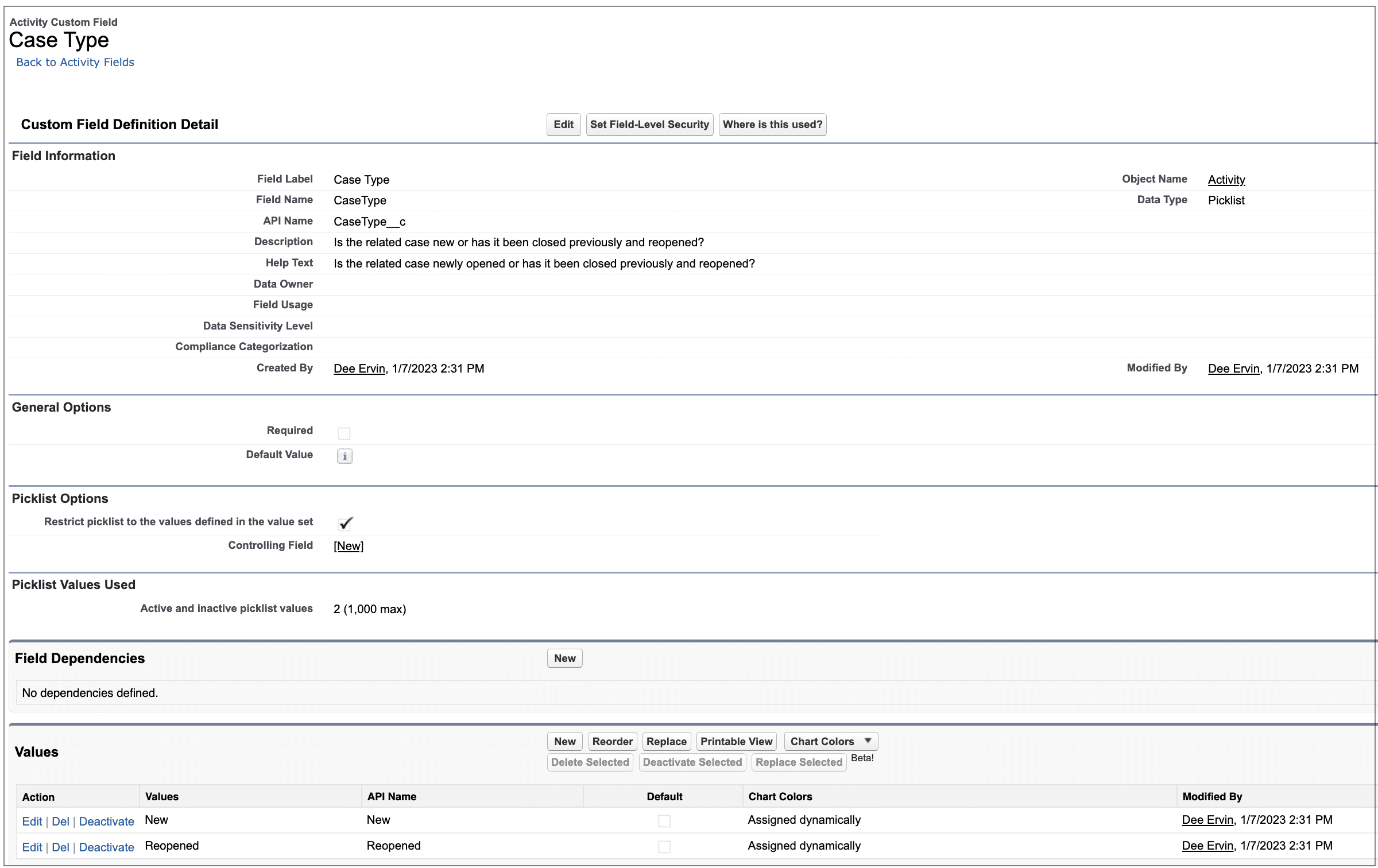 Case Type picklist field configuration on Activity object