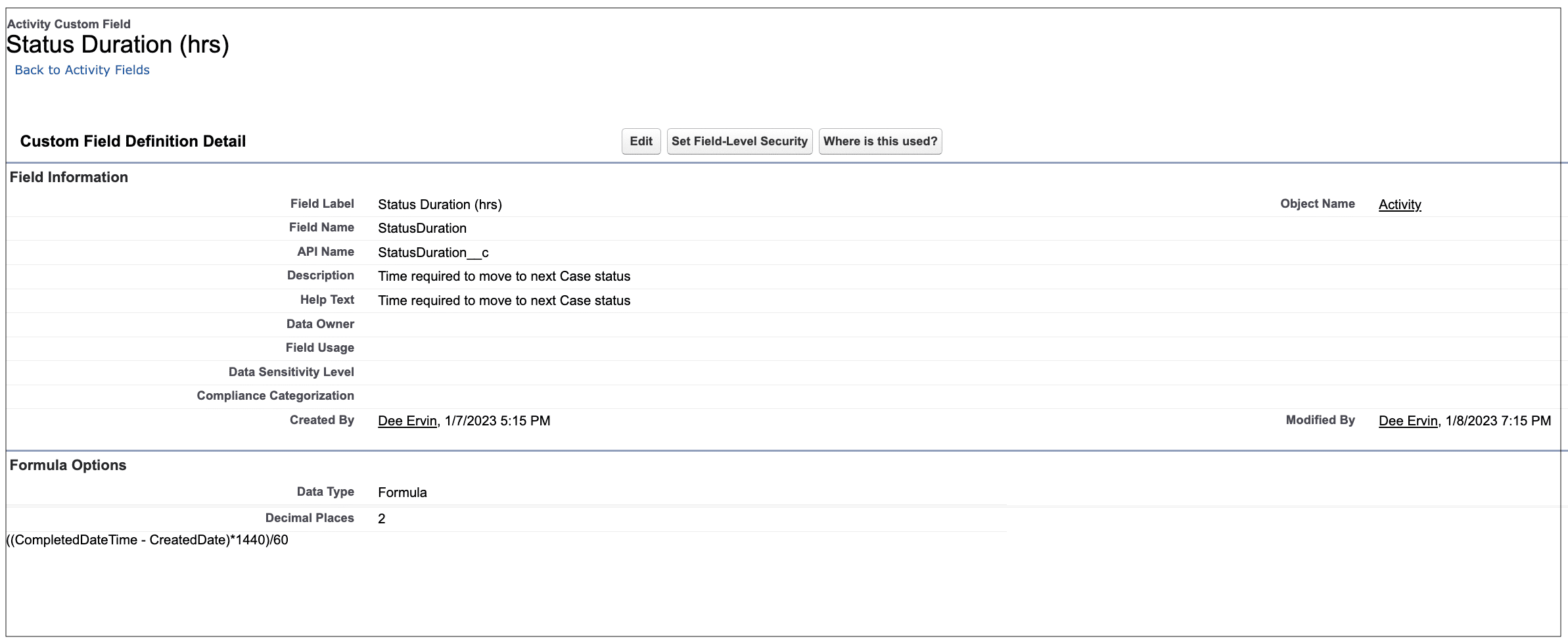 Status Duration formula field configuration on Activity object