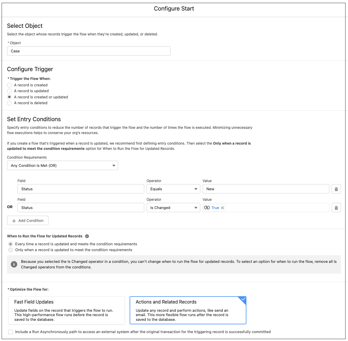 Flow trigger from a Case being created or updated with entry conditions based on Case Status