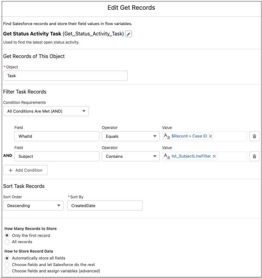 Get Records element to find the most recent, related Case Status Activities Task record