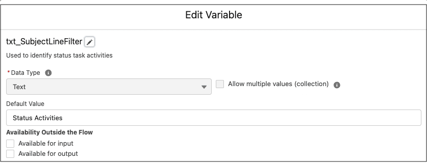 Text variable created with a default value of Status Activities