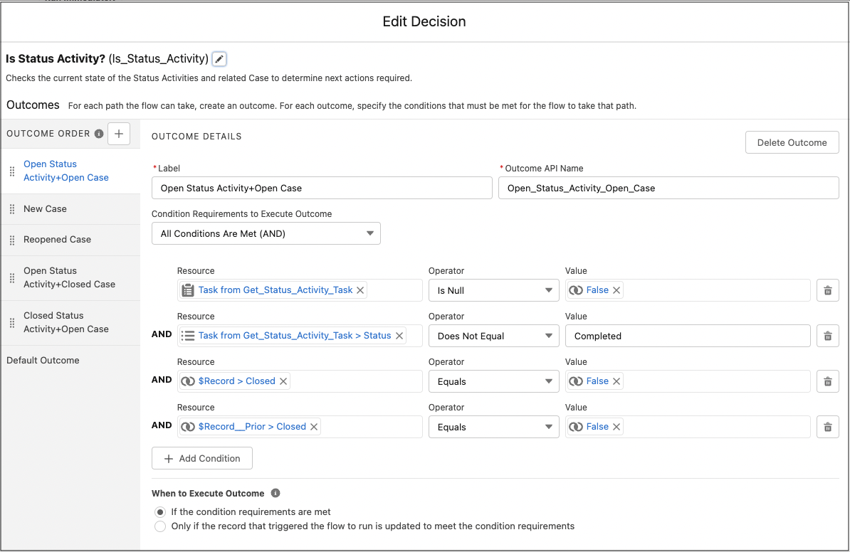 Decision element showing the conditions for the Open Case and Open Task path